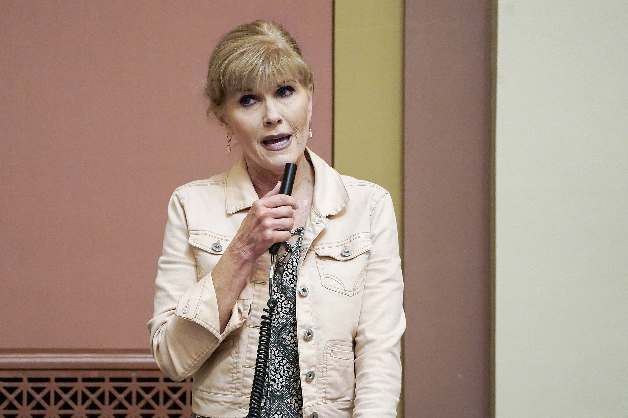 Rep. Peggy Scott debates against a proposed amendment to HF4138 during a May 12 Floor Session. The bill would establish account requirements on social media platforms for children under age 16. (Photo by Michele Jokinen)